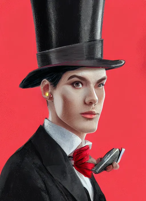 Image similar to a highly detailed illustration of stylish top hat wearing red haired attractive man, wearing suit vest, flashy card trick pose, intricate, elegant, highly detailed, centered, digital painting, artstation, concept art, smooth, sharp focus, league of legends concept art, WLOP