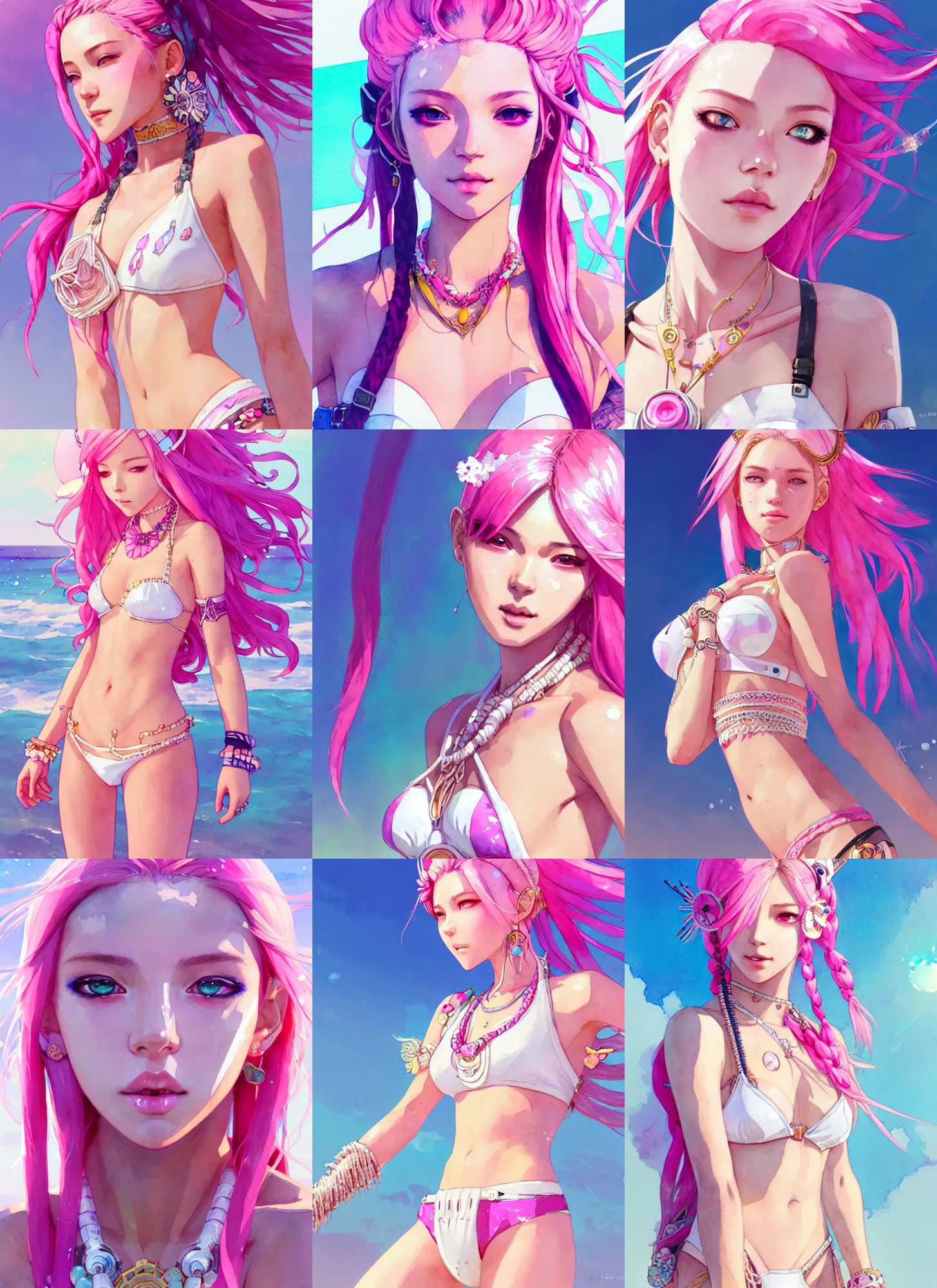 Prompt: portrait of a beautiful girl with pink hair with boho accessories, in white reflective bikini at beach, symmetry face, top lighting, cute - fine - face, ( watercolor ), overwatch mercy, art by hidari and krenz and wenjun lin and starember and kuvshinov ilya and kidmo and rossdraws and artgerm