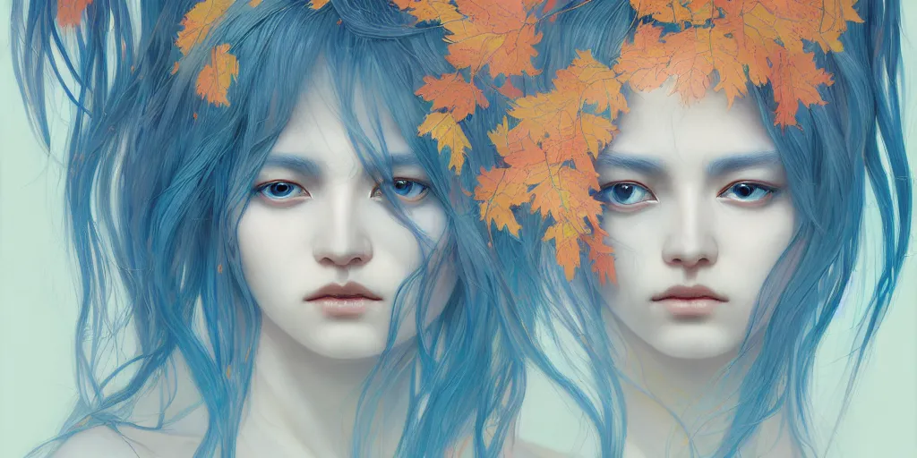 Image similar to breathtaking detailed concept art painting pattern of blue hair faces goddesses amalgamation autumn leaves with anxious piercing eyes, by hsiao - ron cheng and james jean, pastel colors, bizarre compositions, exquisite detail, 8 k