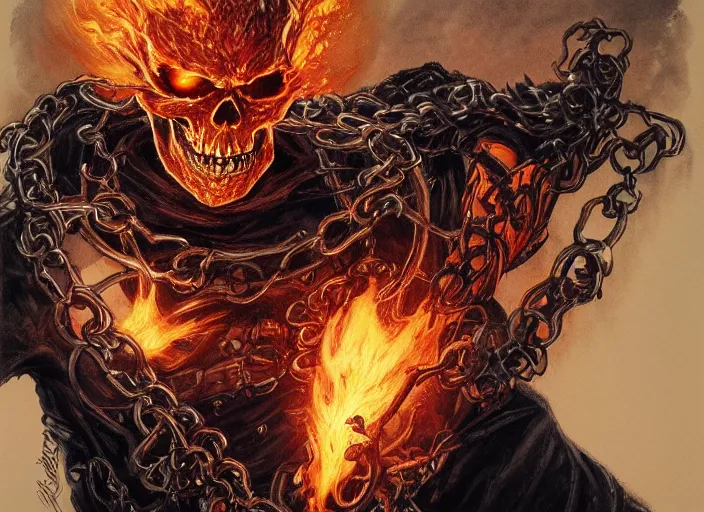 Prompt: a highly detailed beautiful portrait of ghost rider, flaming skull, ( marvel ) penance stare, james gurney, james jean