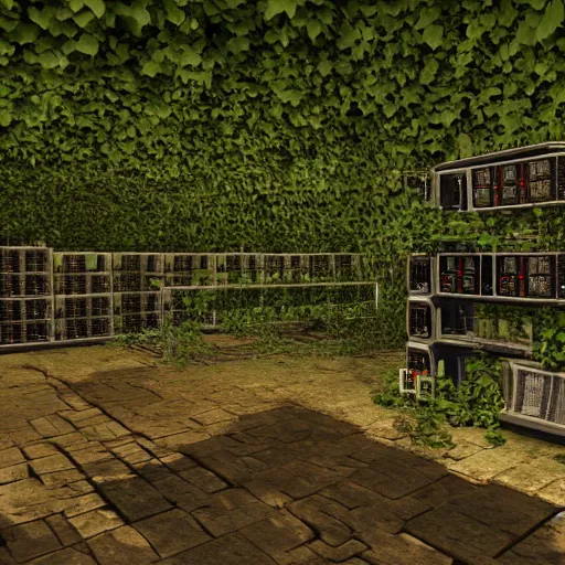 Image similar to Racks of computer equipment surrounded by ancient ruins and covered in vines, concept art, highly detailed, 8k, hyper realistic, unreal engine