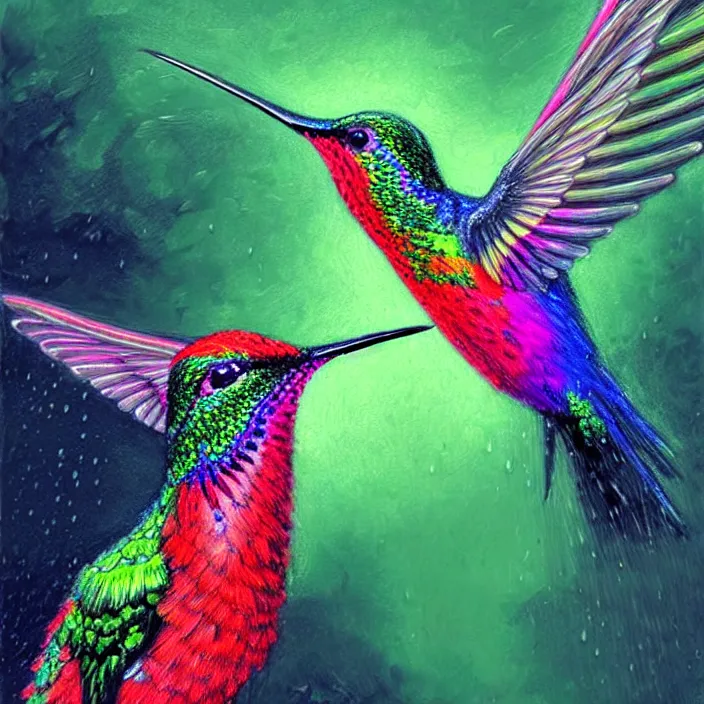 Image similar to bright psychedelic hummingbirds with rain on face and wet hair, wings, smiling, diffuse lighting, fantasy, intricate, elegant, highly detailed, lifelike, photorealistic, digital painting, artstation, illustration, concept art, smooth, sharp focus, art by John Collier and Albert Aublet and Krenz Cushart and Artem Demura and Alphonse Mucha