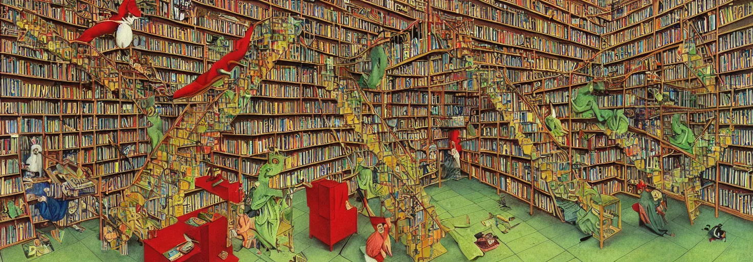 Image similar to a book store, customers are rabbit, by m. c. escher, yellow, green, red, snowy, ultra sharp, ultra detailed, happy, uplifting, colorized by salvador dali