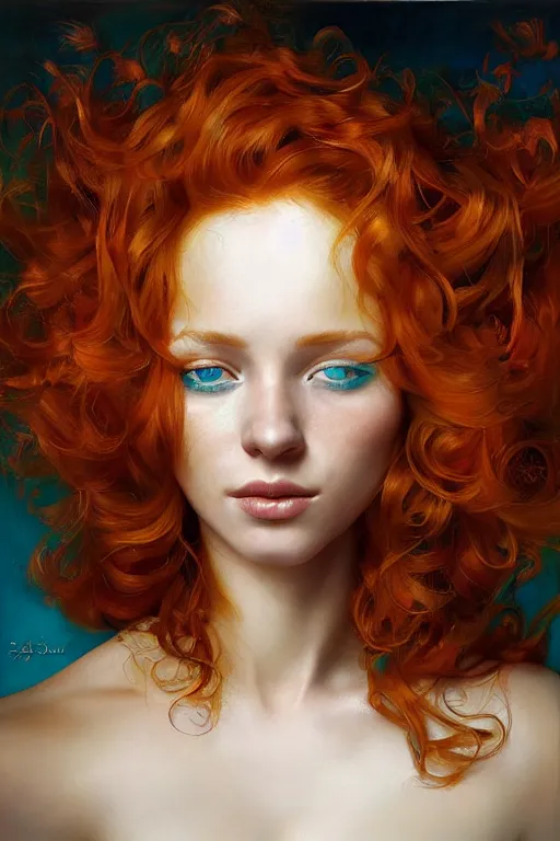 Image similar to hyper realistic painting portrait of a redhead girl with flowing curls and closed eyes, her skin is like gold and turquoise background, hyper detailed face by stjepan sejic, norman rockwell, michael hussar, roberto ferri and ruan jia