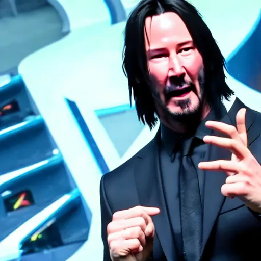 Image similar to Keanu Reeves facepalming over how bad Cyberpunk 2077 was