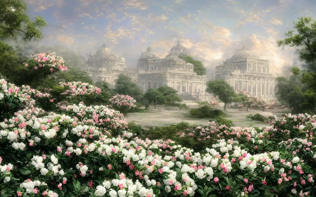 Prompt: White camellias bloom in the open space in front of the opulent palace, with a view in the distance，super wide angle，fantasy matte painting，hyperrealism，in Jonas De Ro and Thomas Kinkade style，featured on artstation HDR, featured on cgsociety，c4d，light effect，rtx on，more details，
