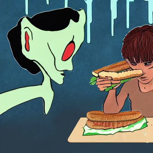 Prompt: the demogorgon eating a sandwich