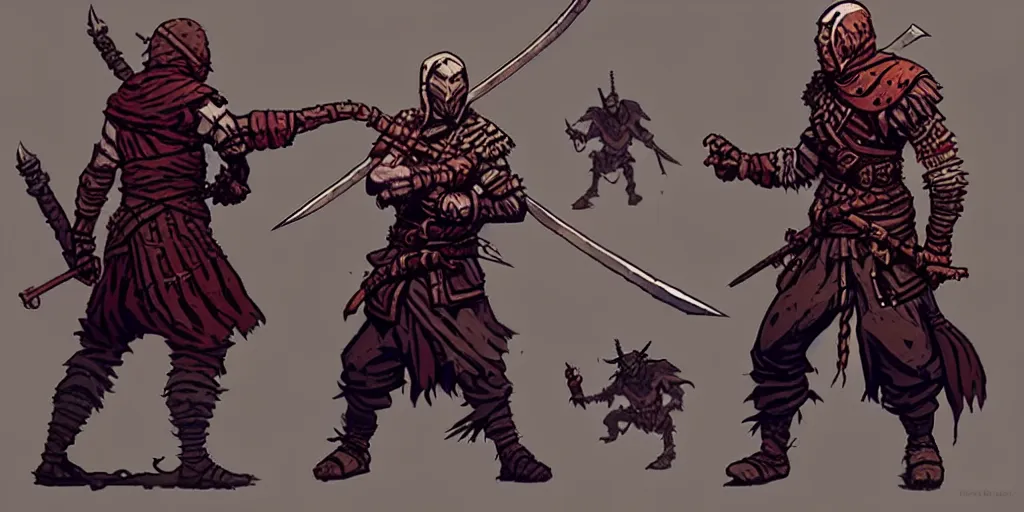 Image similar to warrior character design, idle pose, sword, sprite, darkest dungeon, pc game, sideview, art by moebius and greg rutkowski.