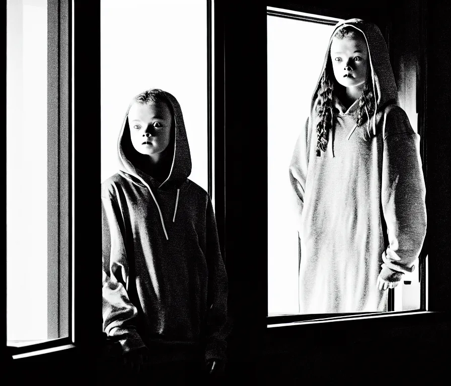 Image similar to sadie sink in hoodie sits on windowsill, knees tucked in | rain falls at night : storyboard, scifi cyberpunk, b & w. by gabriel hardman, joe alves, chris bonura. cinematic atmosphere, detailed and intricate, perfect anatomy