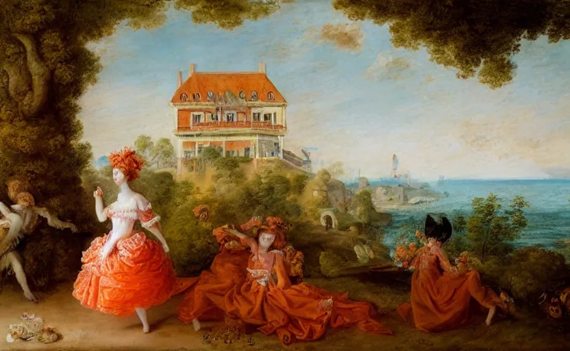 Prompt: oil painting of a house made of cheetos, beach in the background, rococo style, in the style of antoine watteau, johann baptist zimmerman, extremely detailed