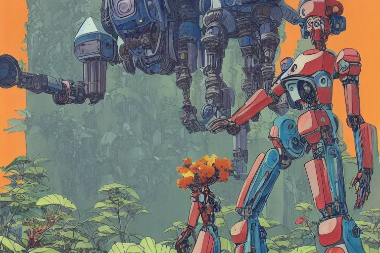 Image similar to most blues, gigantic girl head, a lot of exotic vegetation, trees, tremendous mecha robot, flowers, oldschool vintage sci - fi flat surreal design, super - detailed, 2 d gouache painting by moebius and satoshi kon, hd, 4 k, high quality