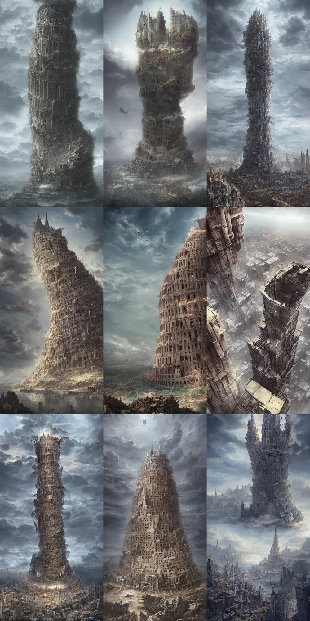 Prompt: matte painting deconstruct pieces floating of the tower of babel. dynamic perspective. urban, detailed digital art trending in artstation
