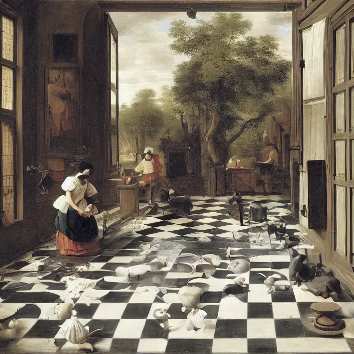 Image similar to colored painting, pieter de hooch, trending on artstation, highly detailed, black and white checkerboard floor in the middle of the rainforest, intricate, elegant