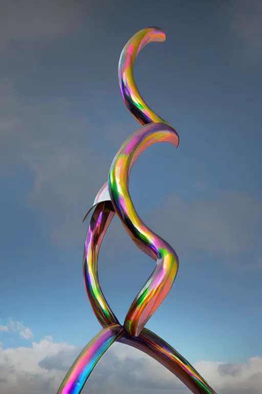 Image similar to metal curved circular sculpture with gestural forms and human parts mixed together into a monumental artwork, lifting up towards heaven, rainbow crystal reflections, style of jack storms, anthony howe, octane render, 4 k