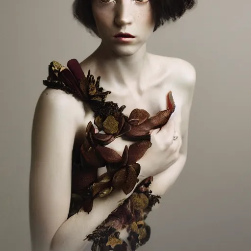 Image similar to long shot kodak portra 4 0 0, 8 k, volumetric lighting, highly detailed, britt marling style 3 / 4 fine art portrait photography in style of paolo roversi, orchid, orchid flower human hybrid, 3 d render 1 5 0 mm lens, art nouveau fashion royal details, elegant hyperrealistic ultra detailed, 8 k