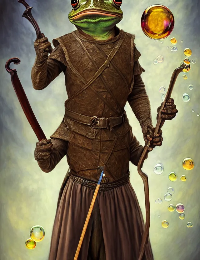 Image similar to anthropomorphic bipedal frog that is dressed as a renaissance fighter, and holding a zweihander, as a matte oil painting and d & d character art, by alex grey, standing, fullbody, floating bubbles, mystic, fog, fractals, spirals, concept art, award - winning, extremely detailed, sharp focus