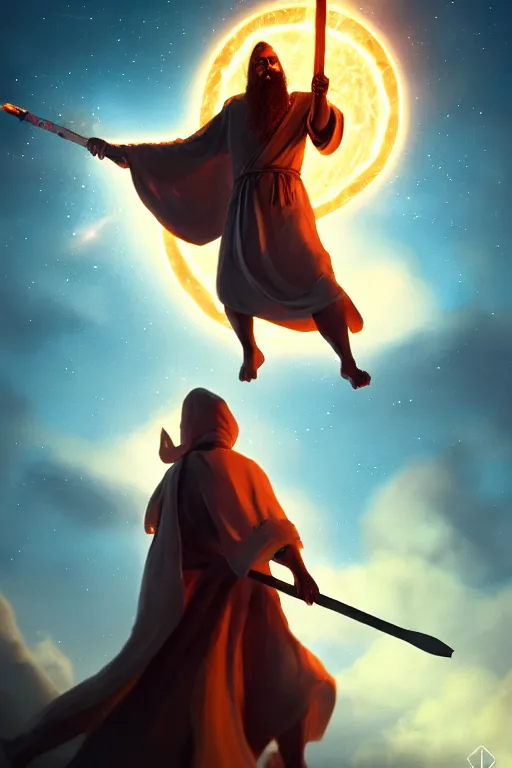 Prompt: levitating wizard wielding a spear opening a shining portal pulsating in the night sky, horizon of an erupting volcano, photorealistic, artstation, highly detailed