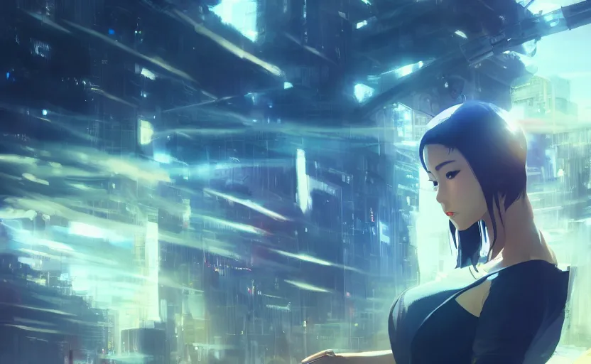 Image similar to beautiful Vietnamese woman, sci-fi fashion, buzz cut hair, scene of a city, dramatic light, wide angle, dramatic pose, dramatic angle , 8k hdr pixiv by Makoto Shinkai and Wojtek Fus