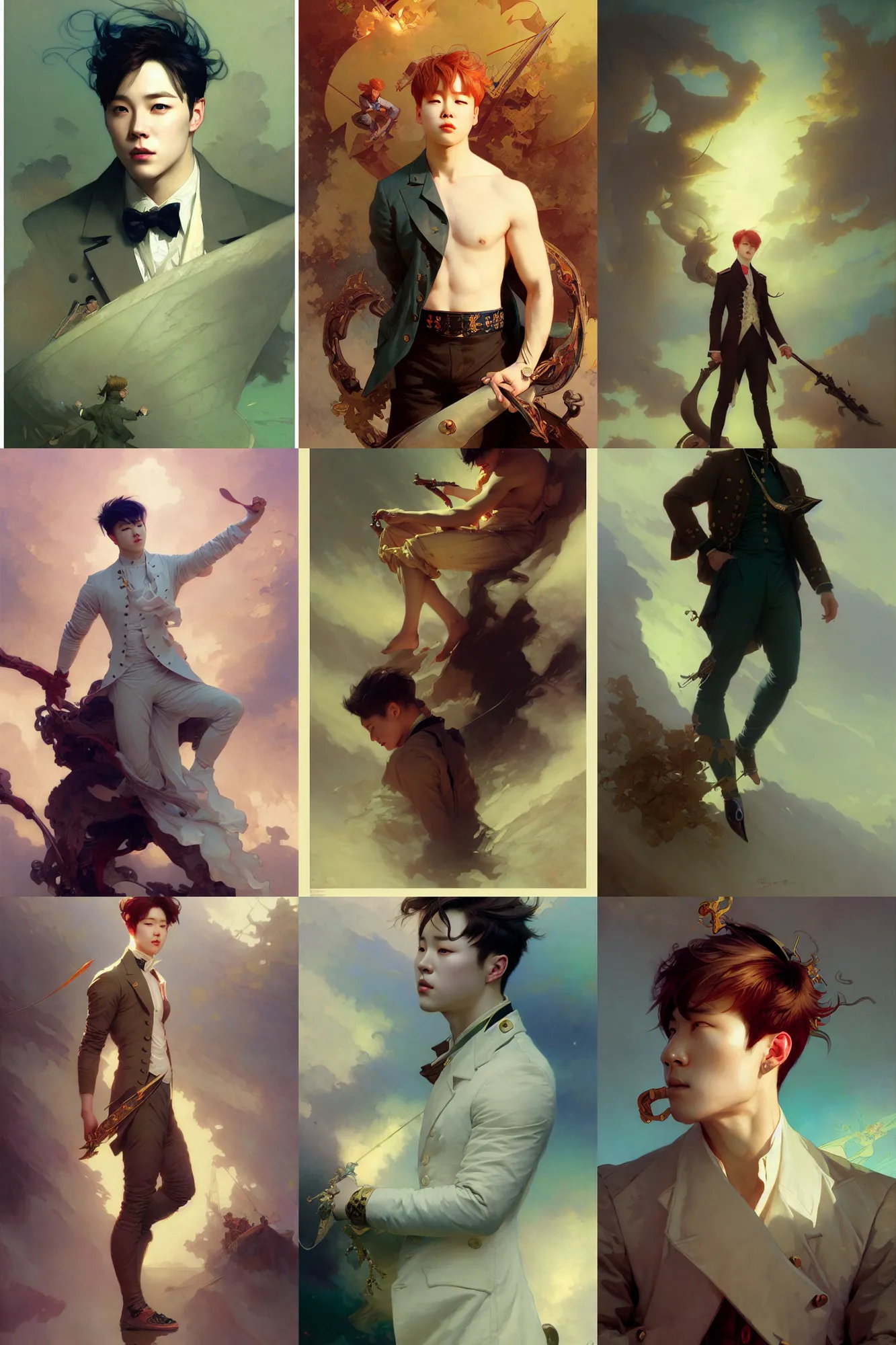 Prompt: male park jimin, art by joseph leyendecker, peter mohrbacher, ivan aivazovsky, ruan jia, reza afshar, marc simonetti, alphonse mucha