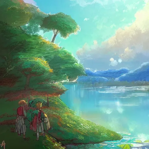 Prompt: a beautiful lake, fantasy art, 2 d, by studio ghibli