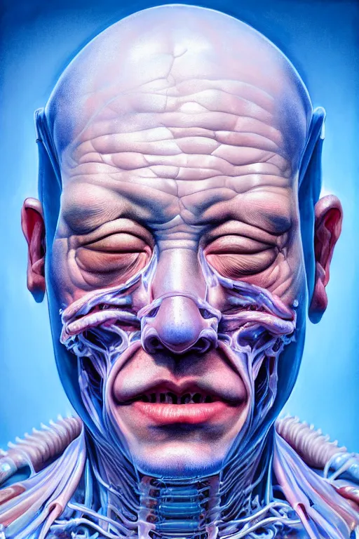 Image similar to hyperrealistic close-up pastel rococo exoskeleton! chinese man highly detailed concept art eric zener elson peter cinematic hard blue lighting high angle hd 8k sharp shallow depth of field, inspired by David Paul Cronenberg