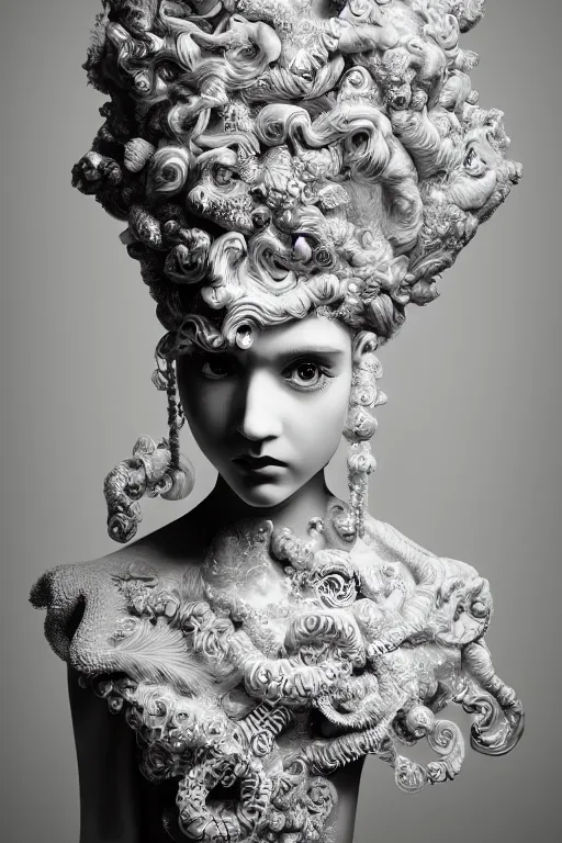 Image similar to 3 d full head and shoulders beautiful white porcelain woman with ornate detailed hair and jewellery, 3 d swirling hair, big eyes through the hair by theodor seuss geisel and daniel arsham and xiang duan