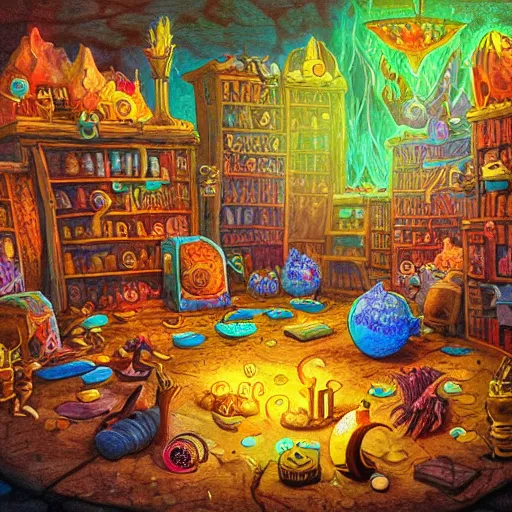 Prompt: these monsters are consumed by fire, yet they remain unharmed. they are surrounded by the tools of the alchemist's trade - beakers and test tubes full of colorful liquids, crystals, and books of ancient knowledge. the scene is suffused with an eerie glow, as if something magical is happening here.