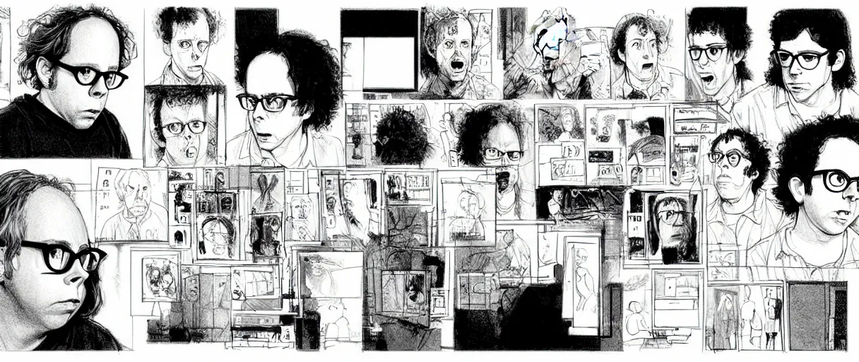 Image similar to character study of todd solondz mixed with charlie kaufman | vivid colors : storyboard, dramatic and emotional, concept design, realistic. by gabriel hardman, joe alves, j. todd anderson, chris bonura. cinematic atmosphere, detailed and intricate, perfect anatomy