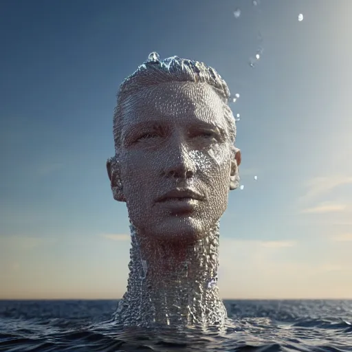 Image similar to a giant sculpture made out of water of a human head on the ocean water, cinematic, in the style of chad knight, long shot, hyper detailed, hyper realistic, ray tracing, 8 k resolution, sharp focus, realistic water, award winning