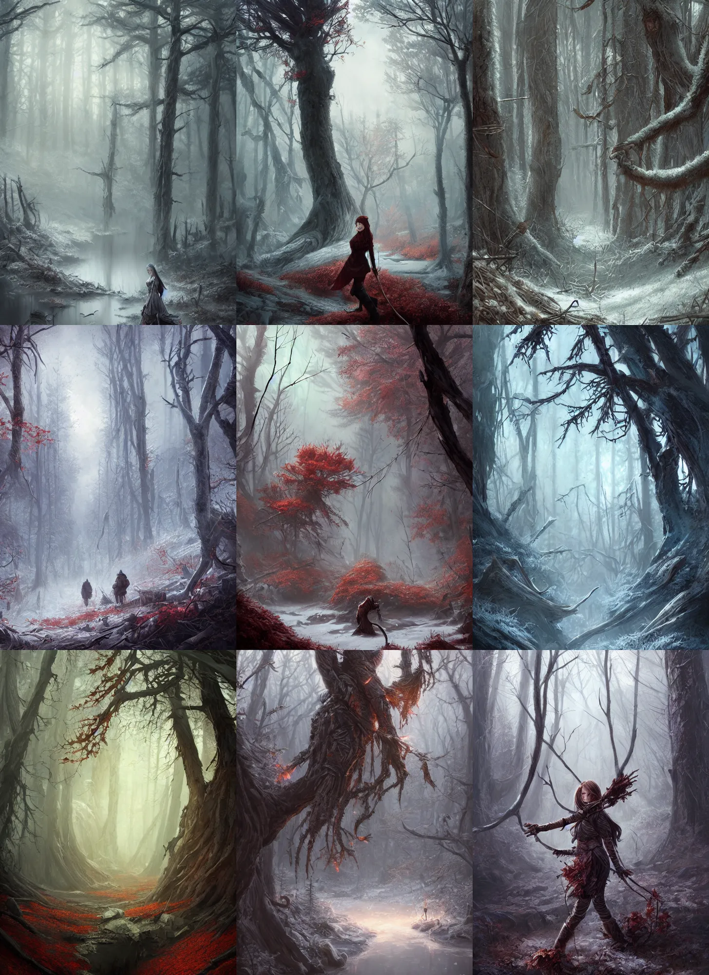 Prompt: withering autumnal forest, cold, frost, d & d, fantasy, highly detailed, digital painting, trending on artstation, concept art, sharp focus, illustration, art by artgerm and greg rutkowski and magali villeneuve