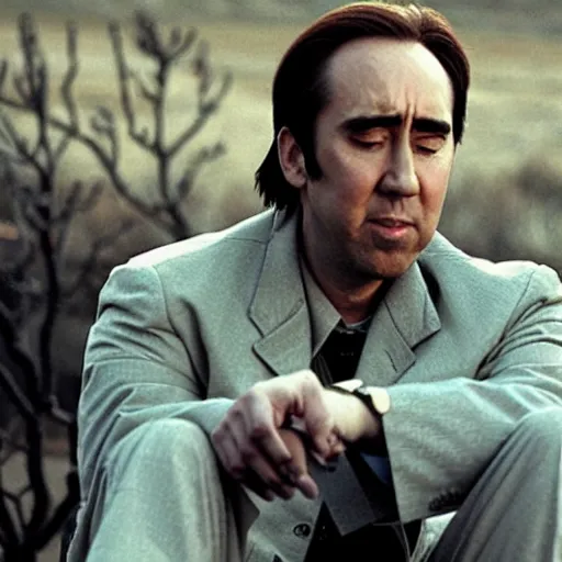 Prompt: nicholas cage starring in russian depressing arthouse movie about village.