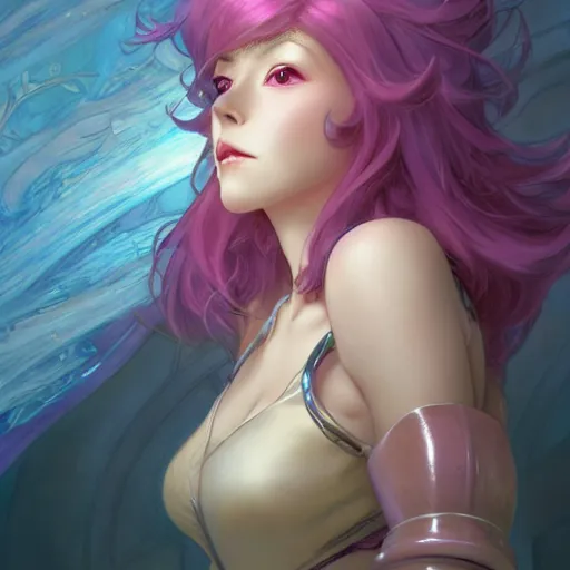 Prompt: VI from League of Legends of Arcane animated Series with short pink hair drawn by Donato Giancola and Makoto Shinkai, Edmund Leighton, Alphonse Mucha, background by James Jean and Gustav Klimt, 4k, porcelain skin, volumetric lighting, komorebi, french nouveau, trending on artstation, octane render, hyperrealistic