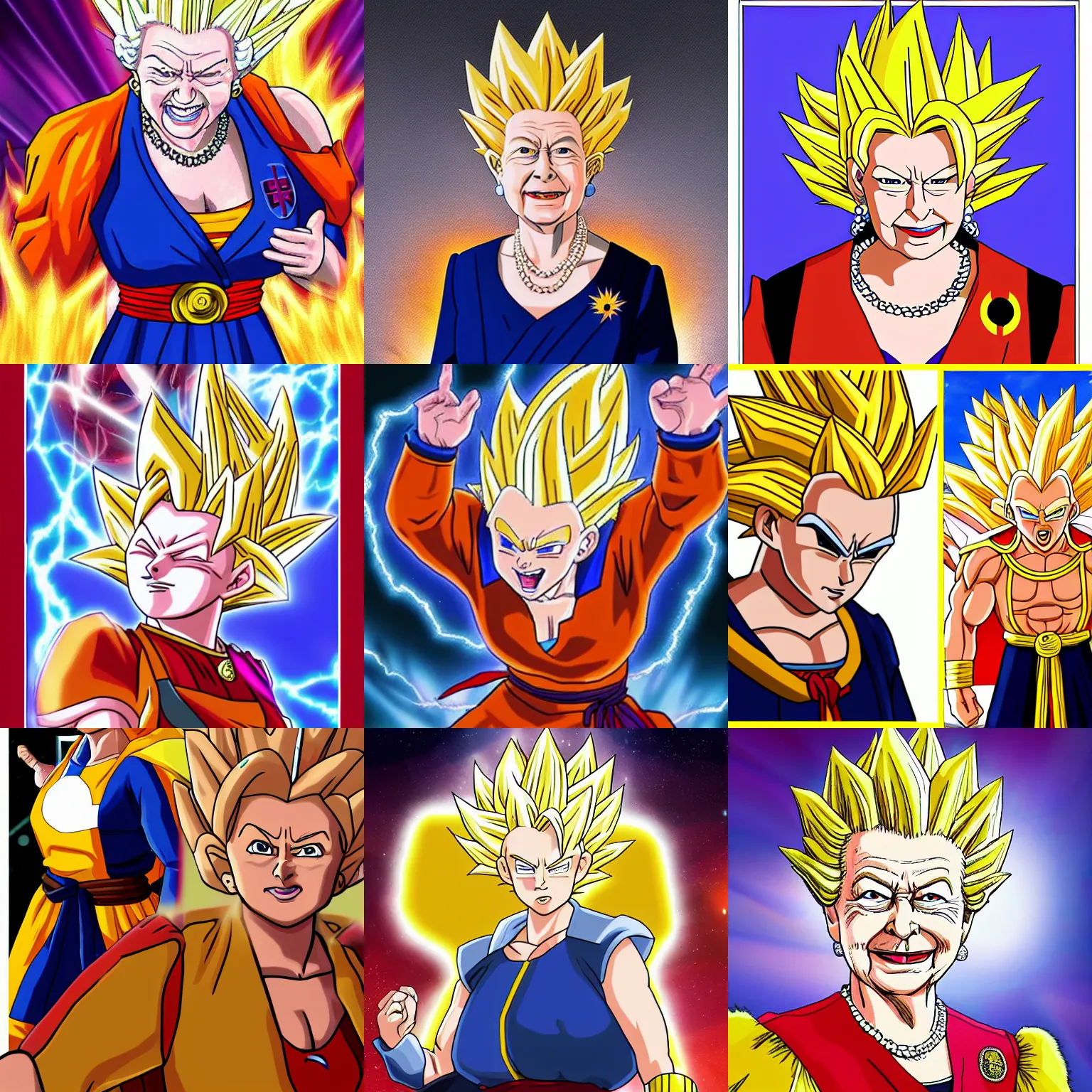 Image similar to Queen Elizabeth as a super saiyan