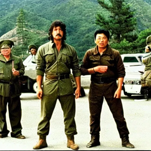 Image similar to a still of Rambo First blood with Kim Jong-il on the role of John Rambo