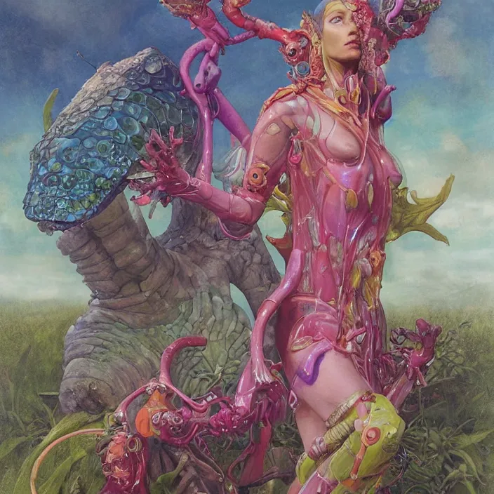 Image similar to a fashion editorial of fairy as a brightly colored sphinx amphibian hybrid with wet translucent skin. wearing an growing organic exosuit. by tom bagshaw, donato giancola, hans holbein, walton ford, gaston bussiere, brian froud, peter mohrbacher and magali villeneuve. 8 k, cgsociety