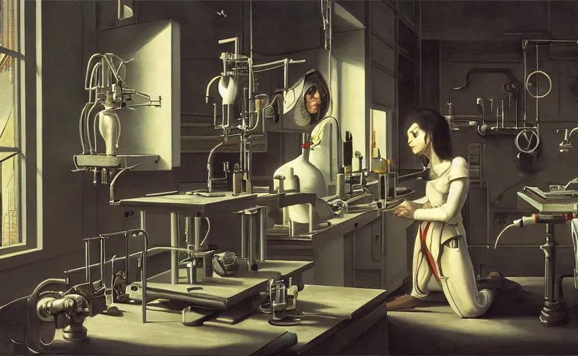 Prompt: laboratory. by rembrant, battle angel alita, ralph mcquarrie, aluminum, 1 6 6 7