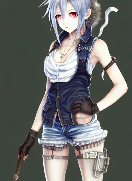 Image similar to a portrait of catgirl wearing white vest, and denim shorts an anime digital art ultrafine detailed painting, detailed painting, detailed eyes!!, final fantasy octopath traveler overlord