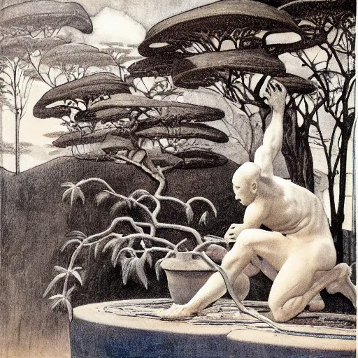 Image similar to Muscular African gardener cutting bonsai trees, grey Hair, idyllic Garden, by Annie Swynnerton and Nicholas Roerich and jean delville, glowing paper lanterns, strong dramatic cinematic lighting , ornate tiled architecture, lost civilizations, smooth, sharp focus, extremely detailed