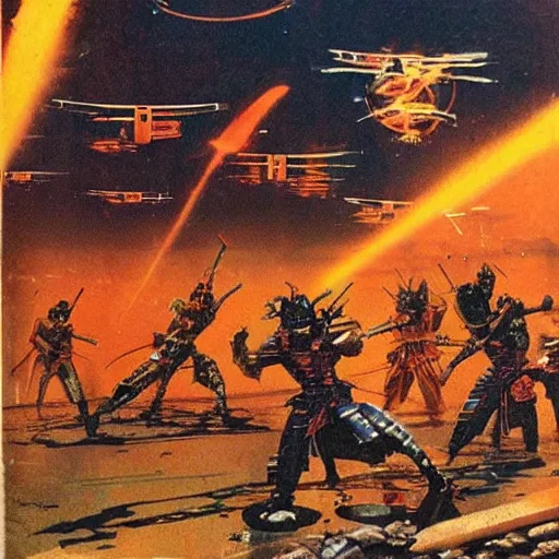 Image similar to cyberpunk samurai squad attack, 1 9 6 0 s vintage pulp sci - fi, art by bruce pennington