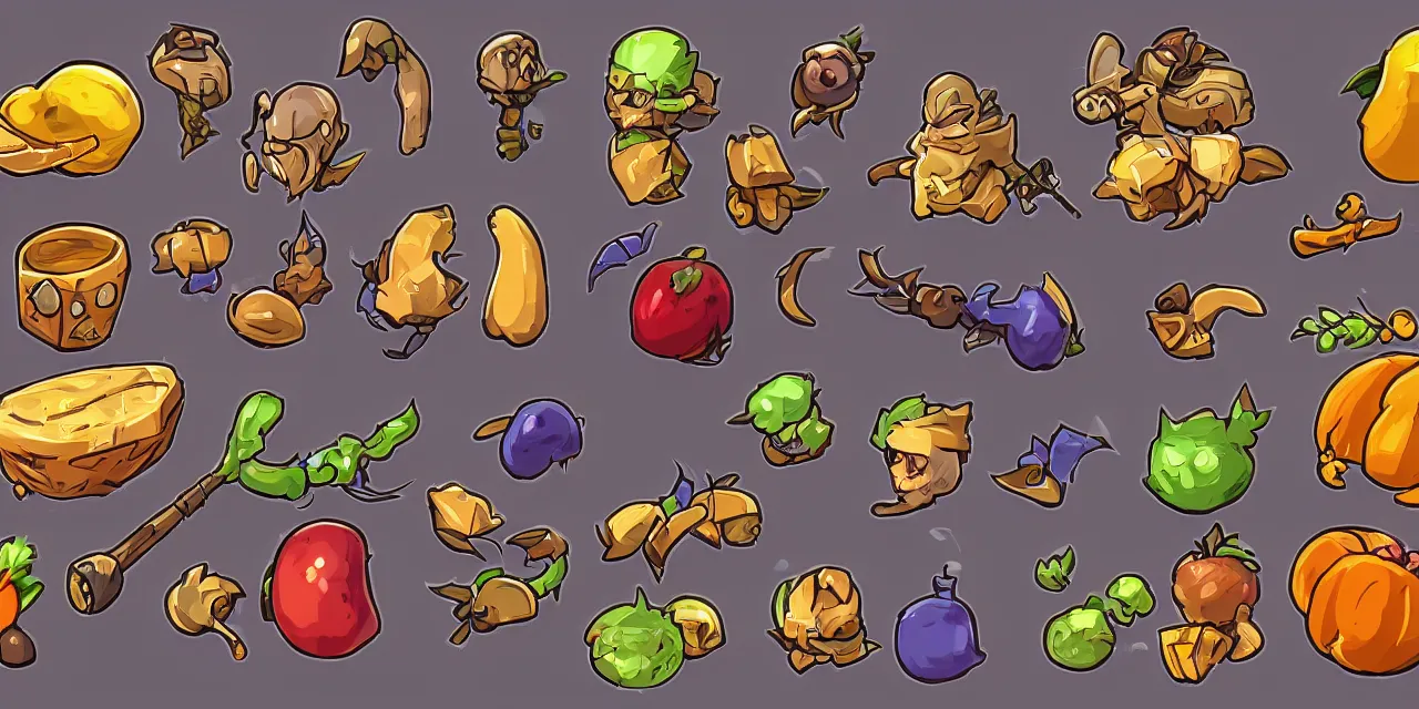 Prompt: game asset sheet, 2 d sprite, collectable prizes fruits and other trinket pop culture items material study