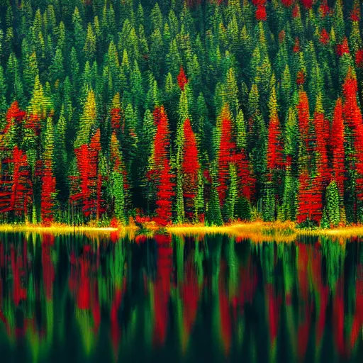 Prompt: blood red lake, tall pine tree’s, green sky, high detail