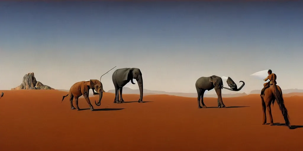 Prompt: Surrealist painting of horses and elephant with giant legs in a strange and curious desert, dali, magritte, Ethereal, artstation, 8k