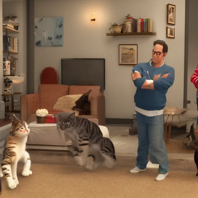 Image similar to american sitcom seinfeld but with cats, volumetric, realistic, cinematic lighting, ray tracing, unreal engine 5, unreal engine render, octane render, hyper realistic, photo, 8 k