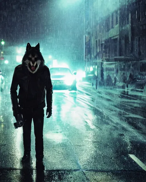 Prompt: an anthropomorphic wolf wearing a leather jacket, cinematic lighting, rain, wolf head, male, badass, wearing sunglasses on his head, walking down a street, street lamps, stormy . By Makoto Shinkai, Stanley Artgerm Lau, WLOP, Rossdraws, James Jean, Andrei Riabovitchev, Marc Simonetti, krenz cushart, Sakimichan, D&D trending on ArtStation, digital art.