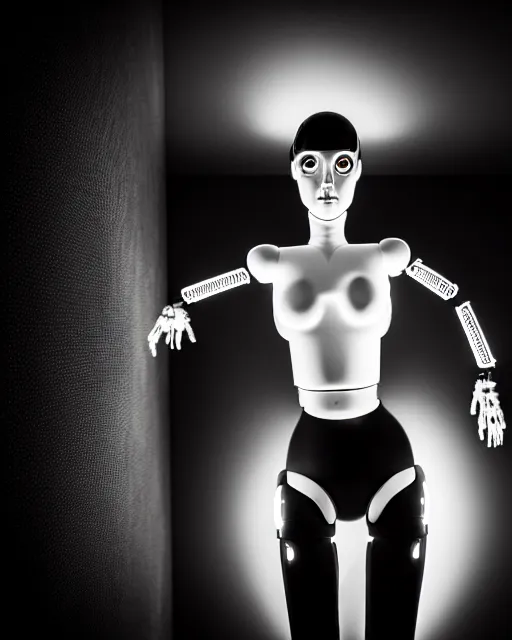 Image similar to black and white high quality photo of a female AI-cyborg-doll looking into a sci-fi mirror, volumetric lighting, hyperdetailed, masterpiece, elegant, dark, in the style of Man Ray,