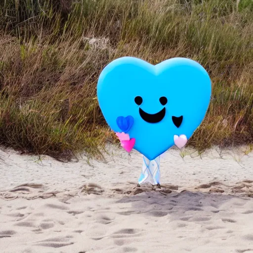 Image similar to a cute robot smiling holding heart balloons in the beach