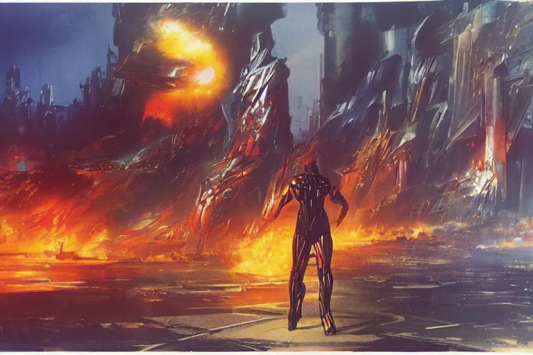 Prompt: a hero who makes things explode by looking at them standing in front of a burning city, concept art by Peter Andrew Jones