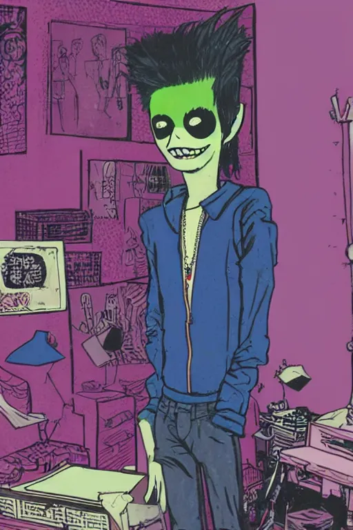 Image similar to a skinny goth guy standing in a cluttered 9 0 s bedroom by jamie hewlett, jamie hewlett art, full body character concept art, vaporwave colors,