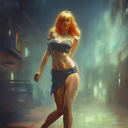 Image similar to kelly bundy, hyperrealistic full figure, bladerunner street alley, art of elysium by frank frazetta and by jeremy mann and by alphonse mucha, fantasy art, photo realistic, dynamic lighting, artstation, full figure poster, volumetric lighting, very detailed face, 4 k, award winning