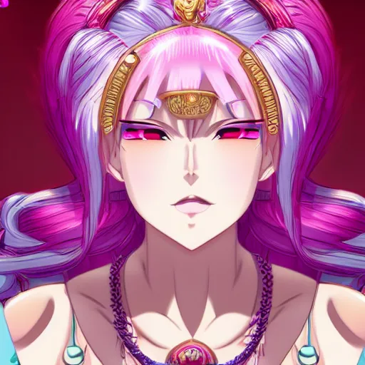 Prompt: stunningly beautiful omnipotent megalomaniacal anime goddess with porcelain skin, pink hair and mesmerizing cyan eyes, symmetrical perfect face smiling in a haughty way, mid view, hyperdetailed, 2 d, 8 k